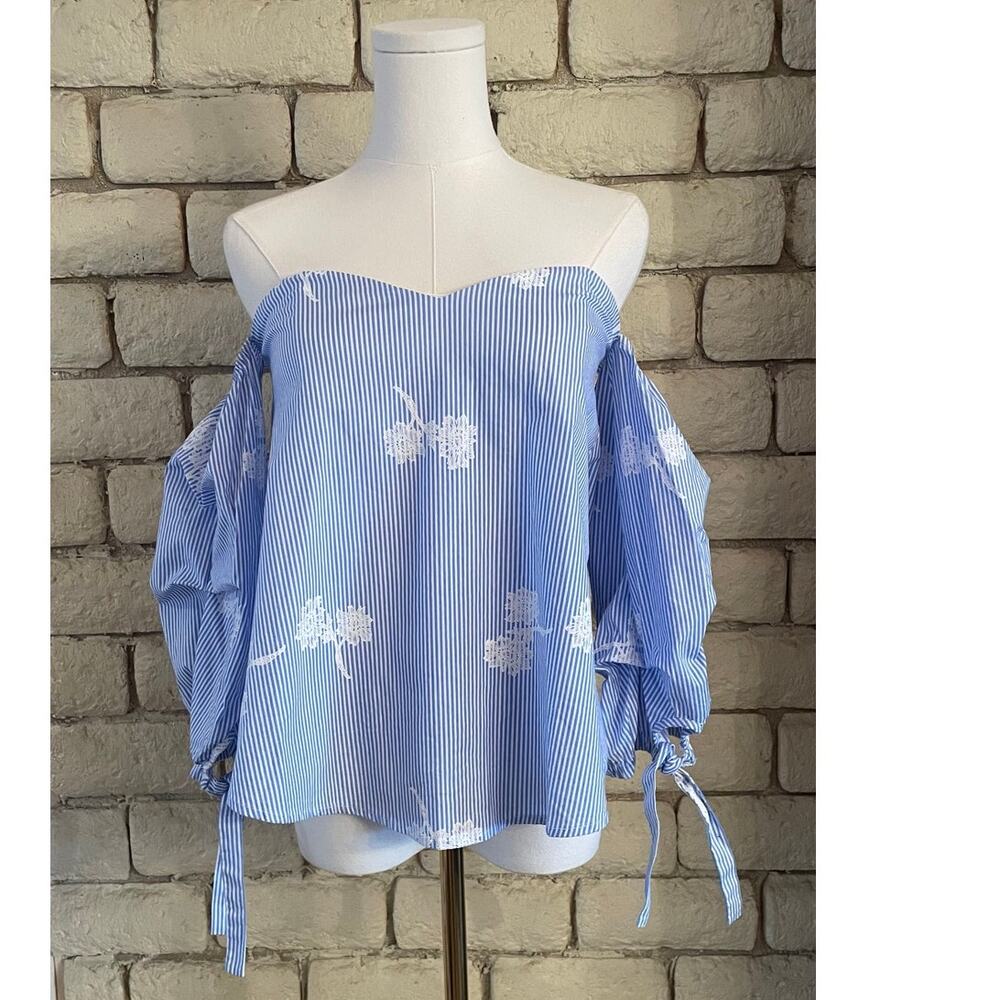 Kaii Blue Striped Off-Shoulder Floral Print Blouse - Boho Ruched Tie Sleeve